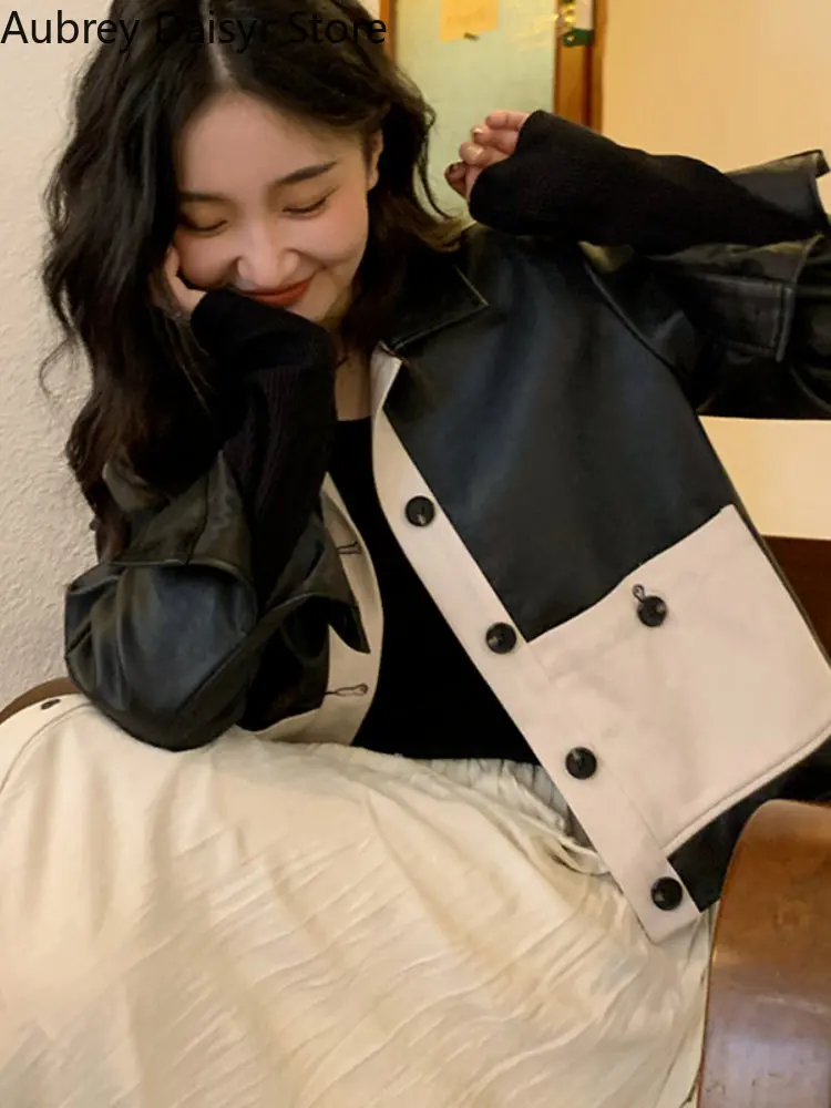 Korean Cropped Leather Jacket Women Vintage Streetwear Pockets Women's Autumn Jacket High Street Y2K Chic Faux Fur Coat 2021 New