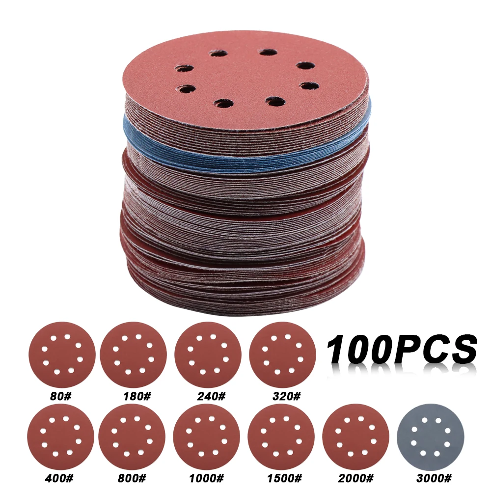 

100pcs 5Inch 125mm Round Sandpaper 8 Holes Disk Sand Sheets Grit 80-3000 Hook and Loop Sanding Disc Abrasives for Polish