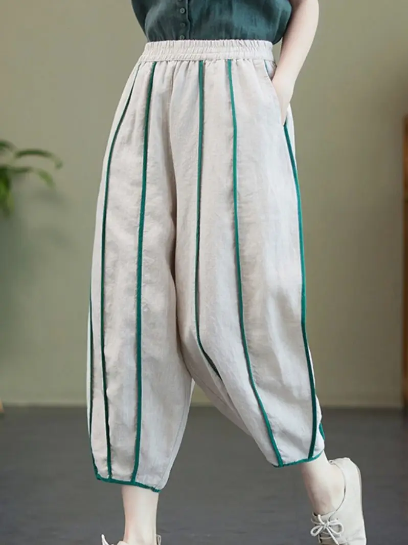 

Брюки женские с карманами, хлопково-льняные штаны до щиколотки с эластичным поясом, Свободные повседневные брюки в стиле ретро, в стиле пэчв...