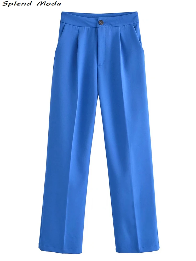 

2022 Za Women Fashion Office Lady Style Candy Colors Straight Pant Casual Chic Side Pockets High Waist Trousers Long Pants