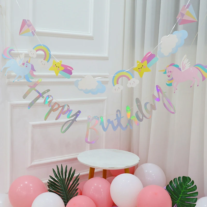 

1x Unicorn Party Happy Birthday Paper Banner Hanging Garland Flag Unicorn Theme Kids 1st Birthday Party Decorations
