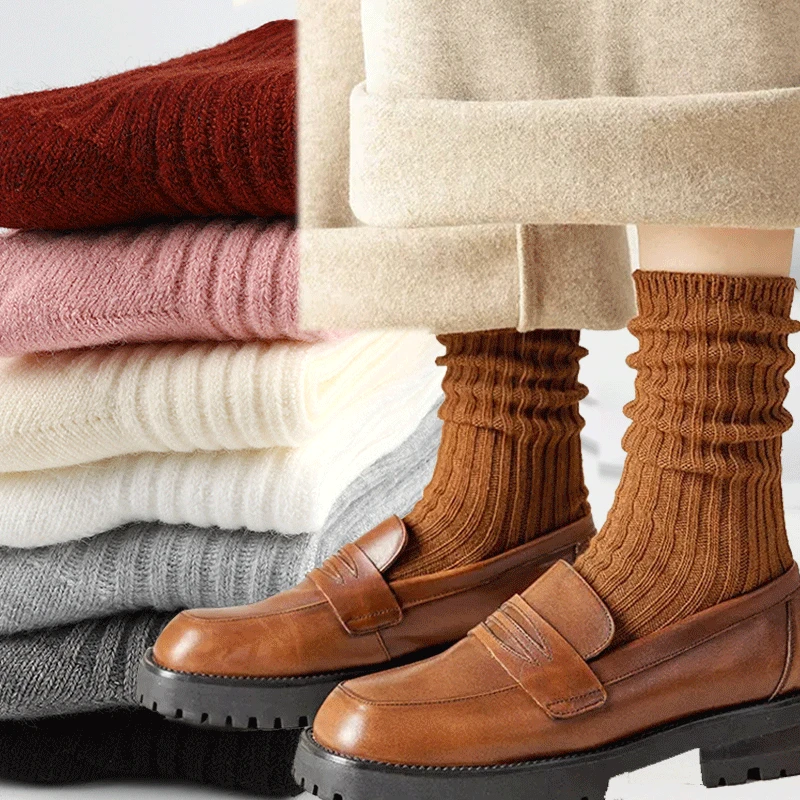 

New Winter Thick Wool Socks Female Japanese Pure Color Tube Socks Cashmere Warm Pile Socks Long Tube Cotton Sock