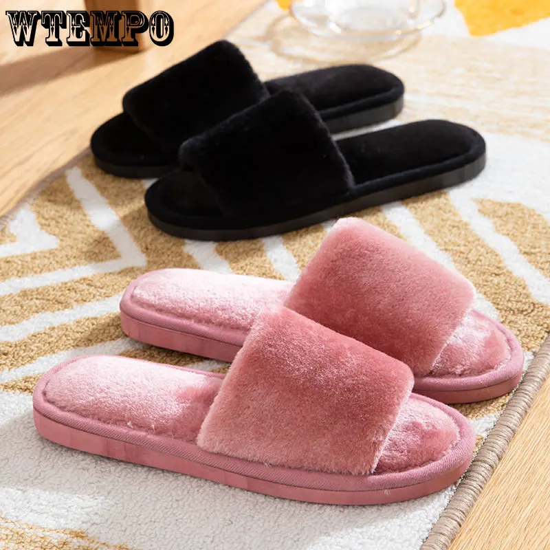 WTEMPO Winter Slippers Women Fashion Fluffy Home Slides Indoor Floor Ladies Solid Colour Plush Warm Cotton Shoes Wholesale