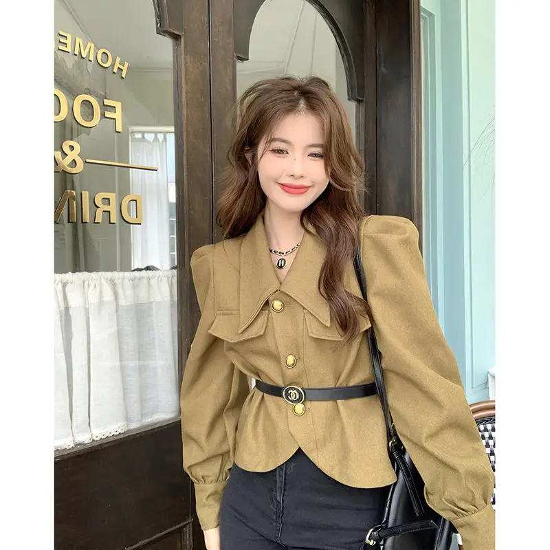 

Hikigawa Chic Fashion Women French Elegant Turn Down Collar Long Sleeve Coat Autumn Solid Belted Slim Waist Temperament Jacket