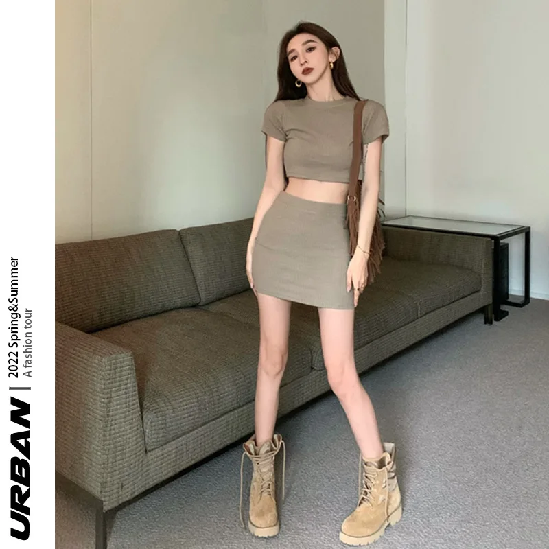 

Cotton Casual Sports Suit 2022 Women Solid Summer Short Sexy Navy T-shirts with High Waist Mini Skirt Slim Skinny Hot Girl Suits