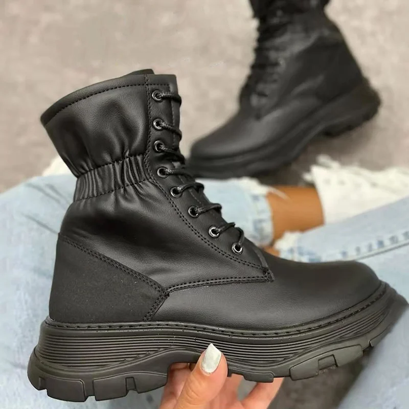 

Women Boots 2022 New Motorcycle Ankle Boots Women's Casual Style Stitching Breathable Lace-up Low Heel Boots