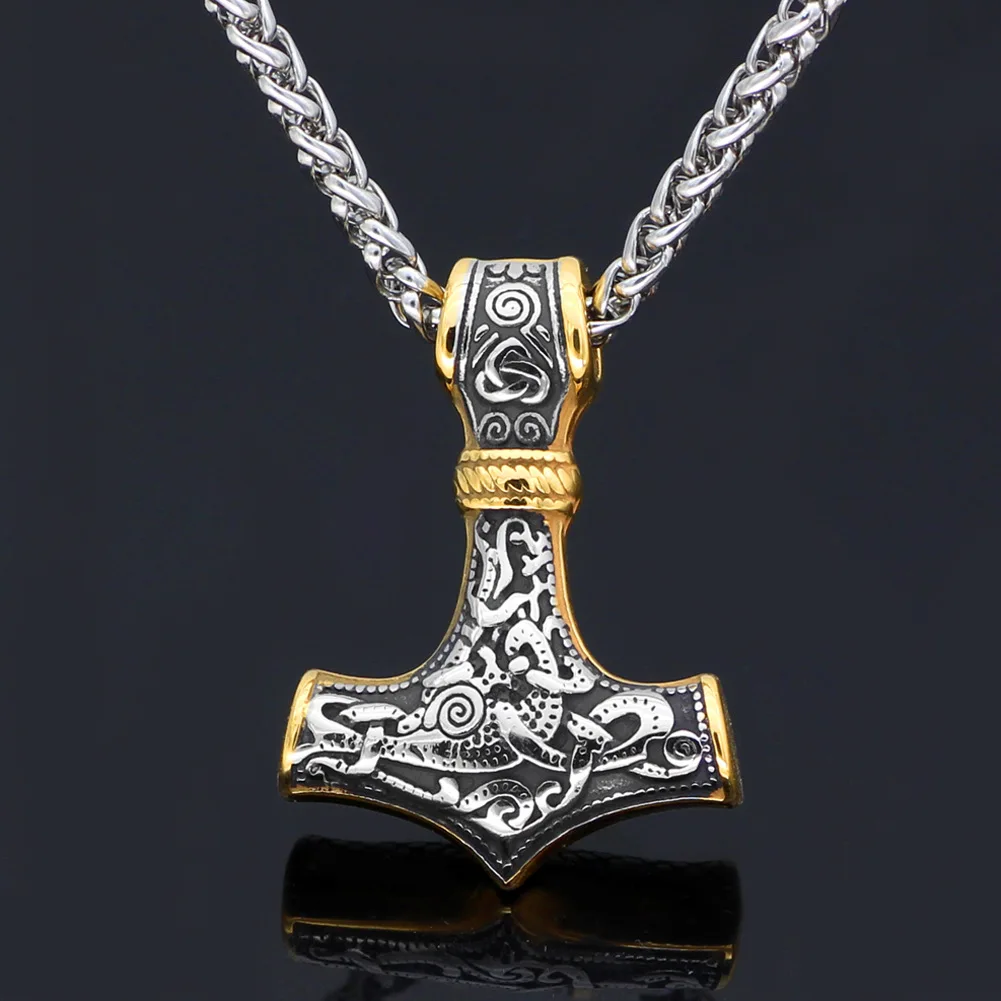 

Viking Stainless Steel Sheep Head Chain Nordic Men's Amulet Thor's Hammer Pendant Necklace Men's Viking Jewelry Gift