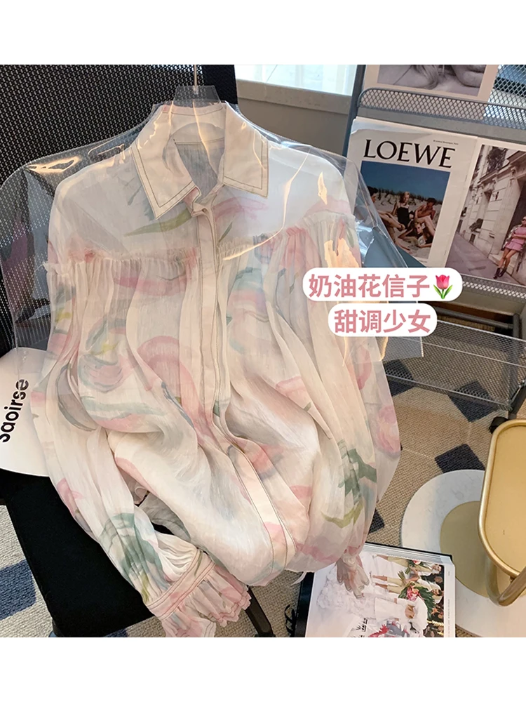 Polo Neck Print Women's Blouse Pleated Long Sleeve Button Female Shirts 2022 Spring Summer Basic Beach Aesthetics Street Clothes