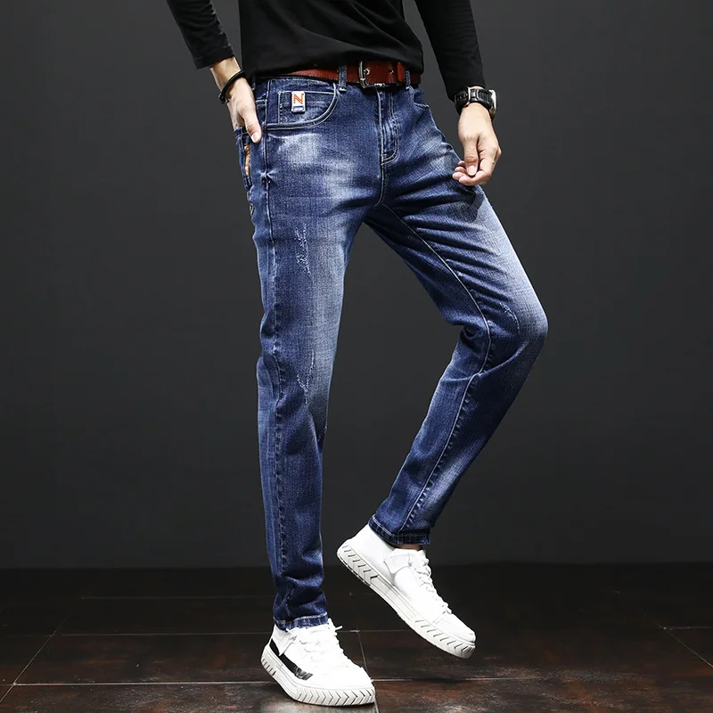 

Модные мужские джинсы на весну и лето, новые маленькие прямые узкие прямые джинсовые брюки в Корейском стиле