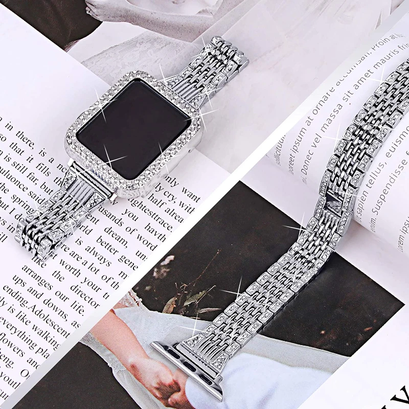 Stainless Steel Metal Strap For Apple Watch Band 8 7 6 44mm 40mm 45mm 42mm Diamond Case Women Bracelet For iWatch Series SE 5 3