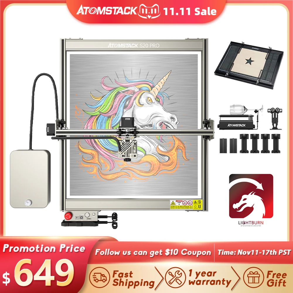 

Лазерный гравировальный станок ATOMSTACK S20 X20 PRO, 130 Вт, с двойным воздушным помощником, управлением через приложение, 150 Вт, эффект лазерного гравера CO2