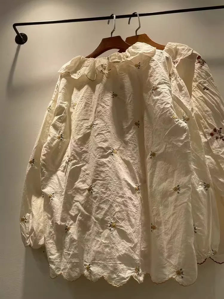 Одежда Mori kei рубашки и блузки из 100% хлопка с длинным рукавом вышивкой белого