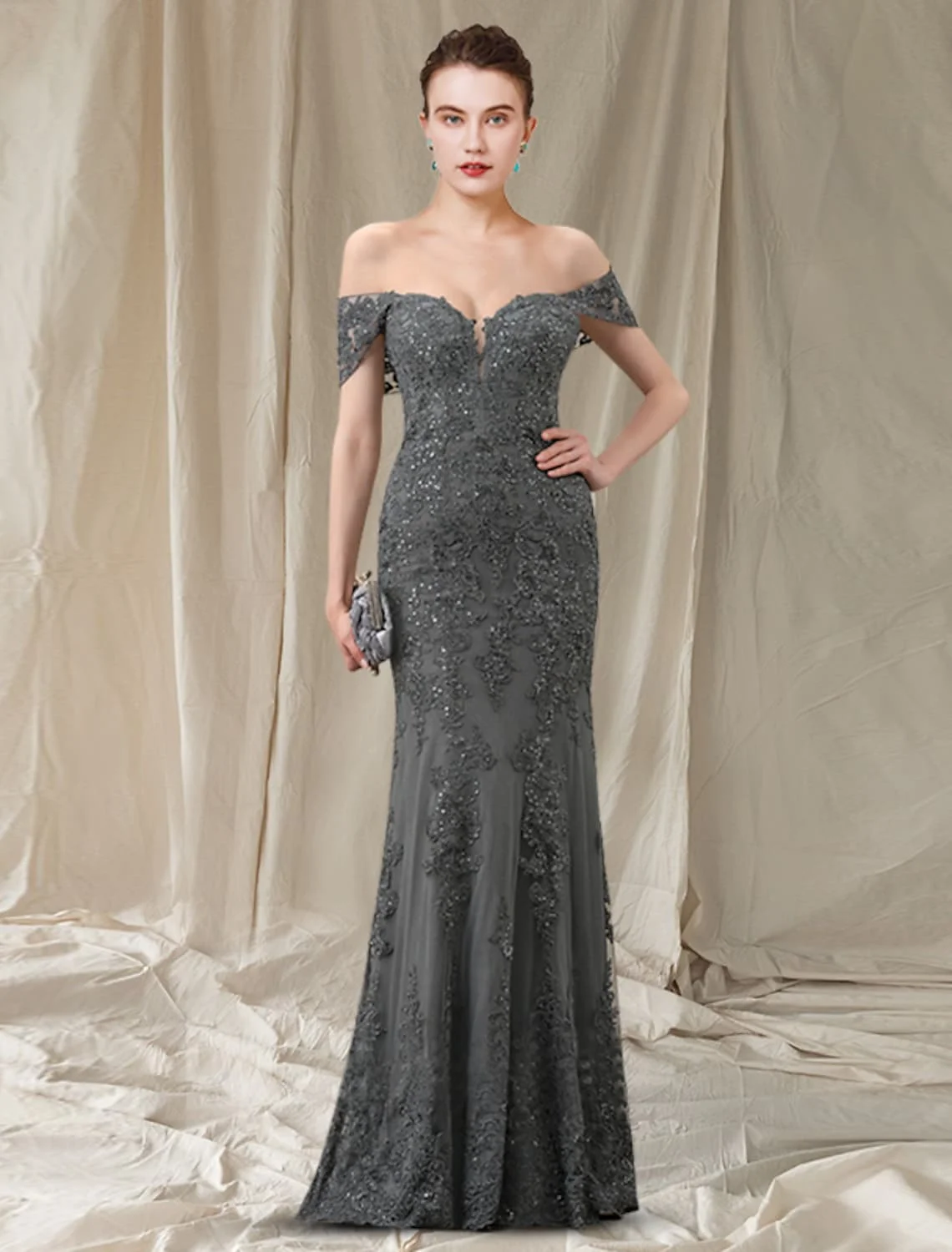 

Charcoal Grey Long Mother Of Bridal Dress 2023 Elegant Off Shoulder Lace Tulle Beads Wedding Guest Party Gown Customed