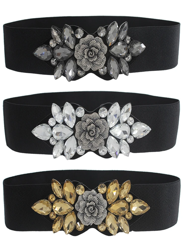 

Female Rose Flower Rhinestone Elastic Waistband Women Waist Cinch Band Dress Overcoat Clothing Accessories