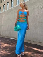 sexy cut out strapless color patchwork tube maxi dress for women 2022 summer elegant sleeveless holiday beach party blue dresses