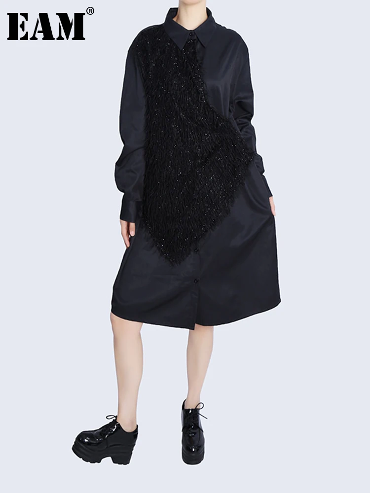 

[EAM] Women Black Tassels Big Size Long Shirt Dress New Lapel Long Sleeve Loose Fit Fashion Tide Spring Autumn 2022 1DF0194