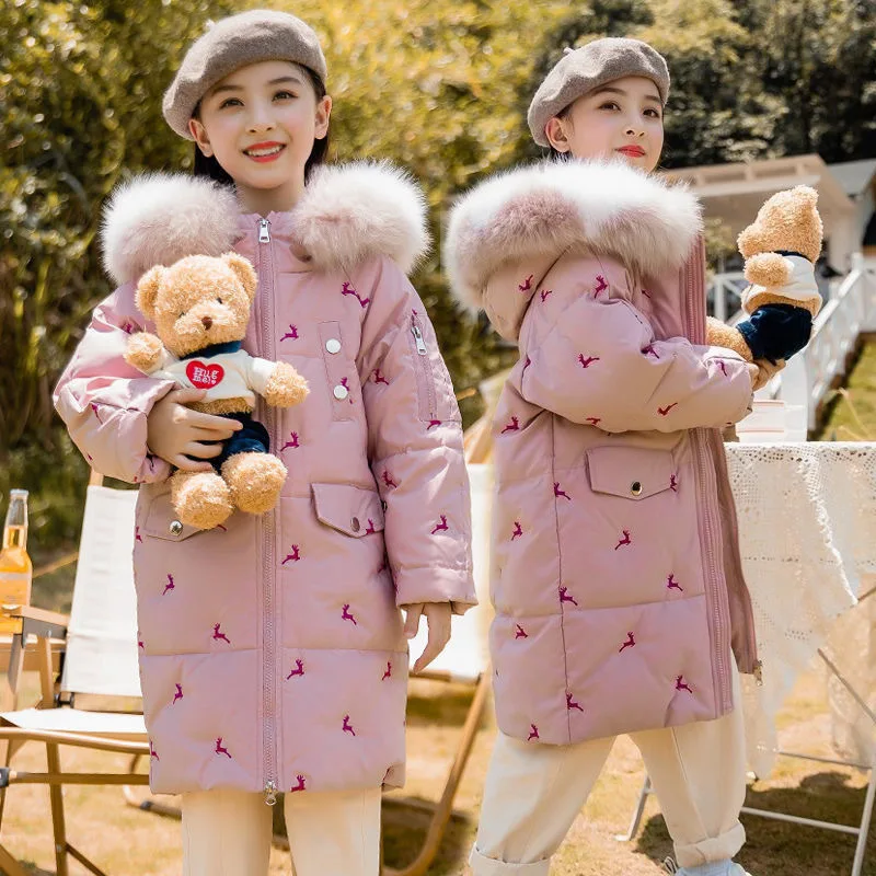 2023 Girl Winter Down Jacket Embroidery Deer Fur Collar Hooded Girl Winter Outerwear Coat 3-14 Years Teenage Girl Parka Snowwear