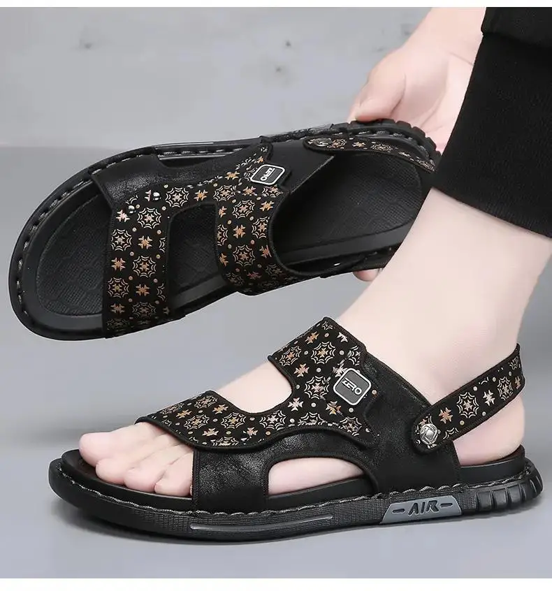 

Men's Summer Leather Hollow Out Casual Sports Sandals Soft Sole Non Slip Breathable Dual Purpose Outdoor Beach Sandals Slippers