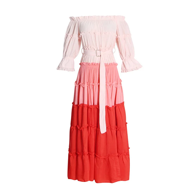 

Holiday Style Pink Long Skirt 2022 New One-shoulder Contrast Color Stitching Cascading Gradient Ruffle Skirt Woman Dress