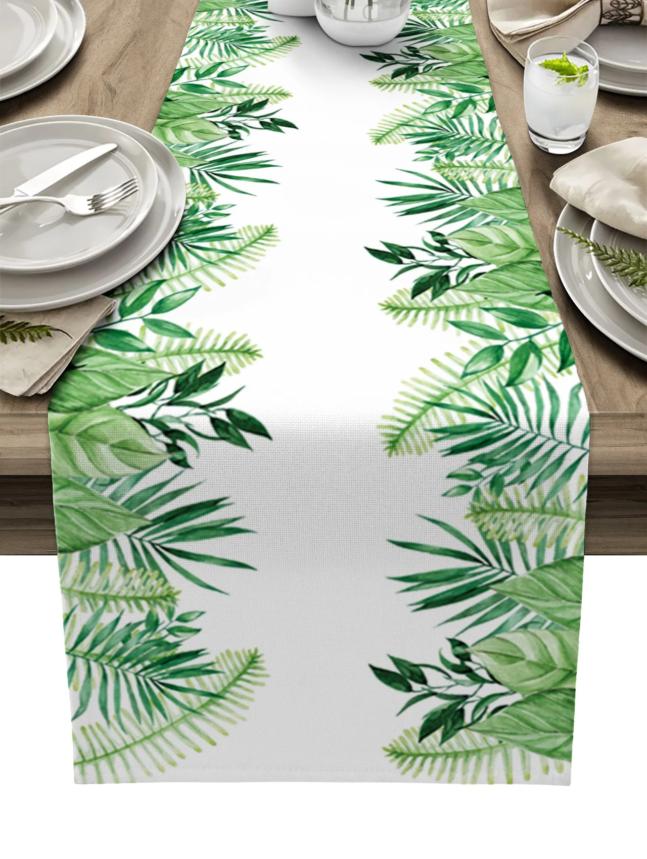 

Green Tropical Plants Leaves Table Runner luxury Kitchen Dinner Table Cover Wedding Party Decor Cotton Linen Tablecloth