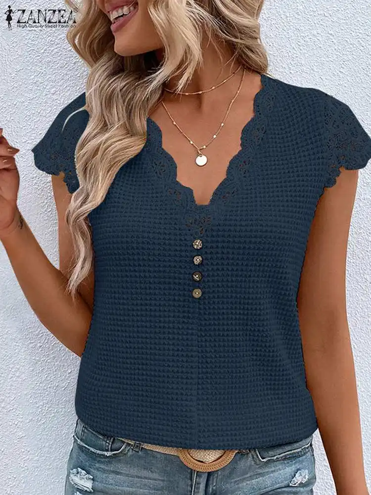 

ZANZEA Bohemian Lace Blouse Women Summer V-Neck Short Sleeve Shirt Fashion Causal Tunic Tops Chemise Holiday Party Blusas Femme