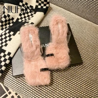 niufuni transparent square toe rabbit fur stitching women slippers soft hairy slides shoes summer fashion set toes solid color