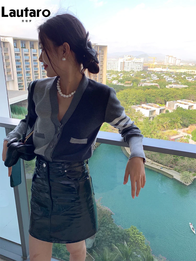 Lautaro Лето Осень Черная Светоотражающая Блестящая Юбка Из Лакированной Кожи