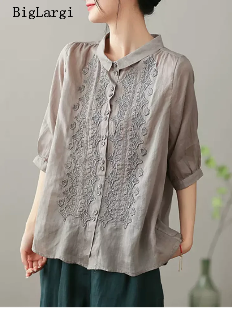 

Cotton top women's plus size summer new fashion retro ethnic style imitation cotton and linen embroidery thin loose casual shirt