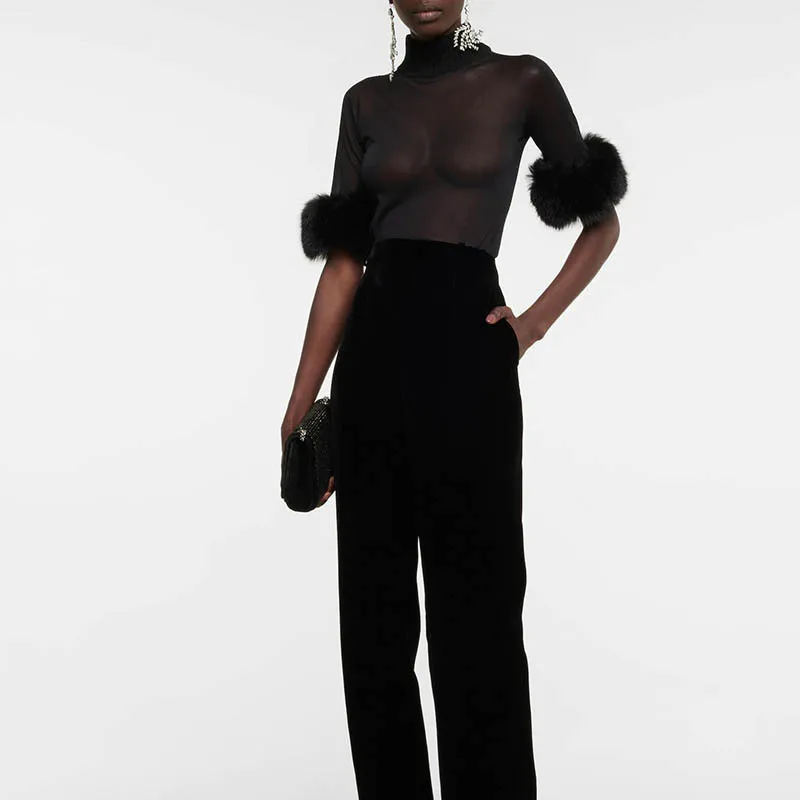 

22 Early Autumn New Sexy Cashmere Tops Women Runway Half Sleeve Turtleneck Thin Gauze Patchwork Pullover Slim See Through Jacket