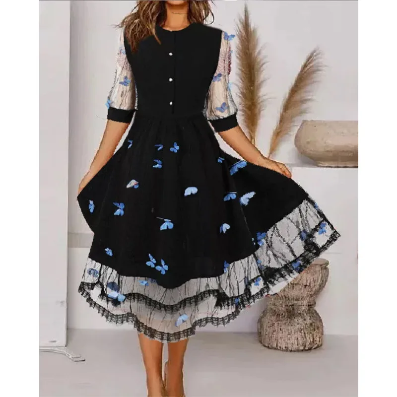 

Wepbel Summer Maxi Dress Women O-neck Lace Splicing Elegant Blue Butterfly Dress High Waist Slim Fits A-line Spun Yarn Dress