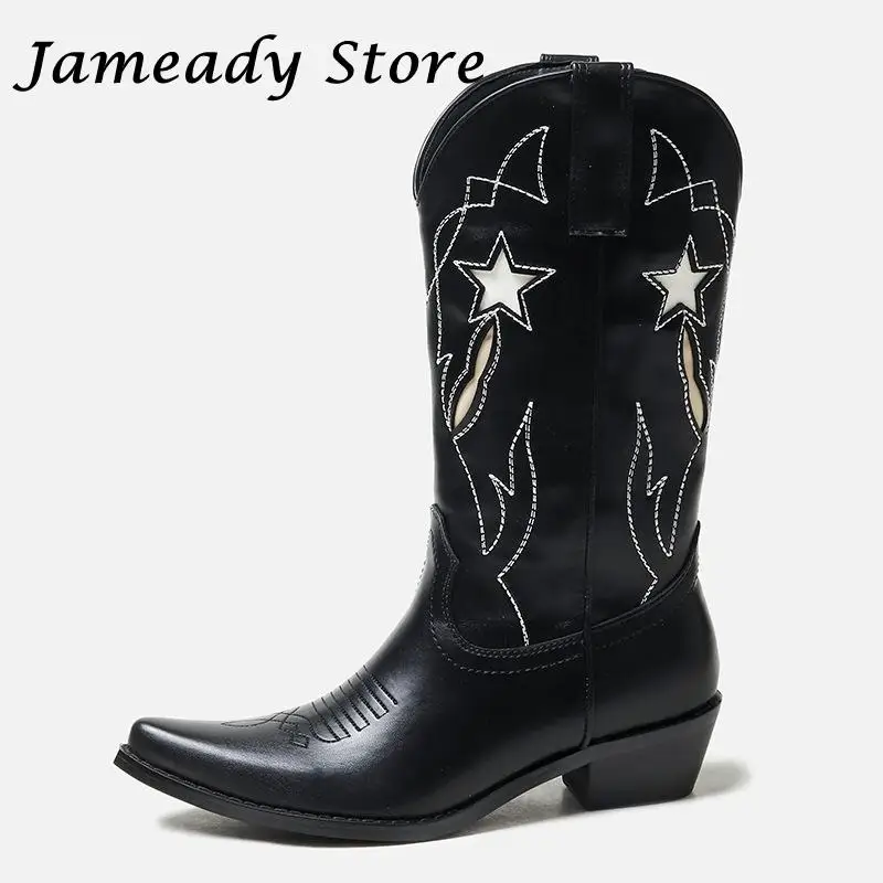 

Embroidery Sewing Westerrn Cowboy Boots Women's Knee High Boots Black Pointed Toe Slip On Knight Boots Ladies Chunky Heel Botas