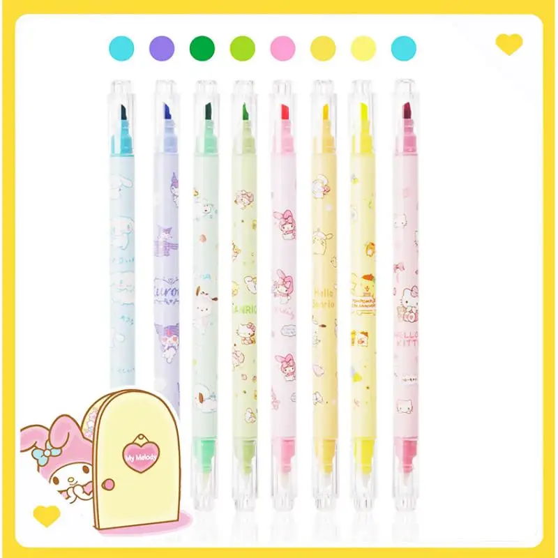 

8PCS Sanrioed Erasable Fluorescent pen Kawaii Students Stationery Anime Melody Cinnamoroll Kt Cat Cute Mark Pens Kids Gifts