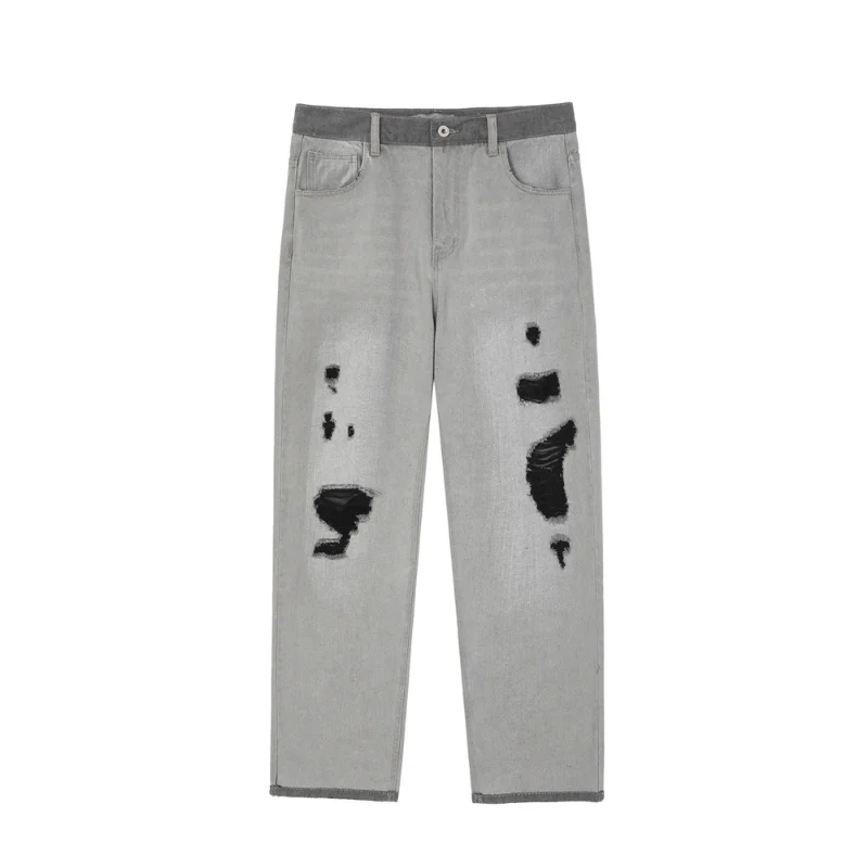 DEEPTOWN Y2K Ripped Jeans Men Trousers Male Hole Straight Denim Pants Fashion Hip Hop Streetwear Black Loose Casual Gray Spring