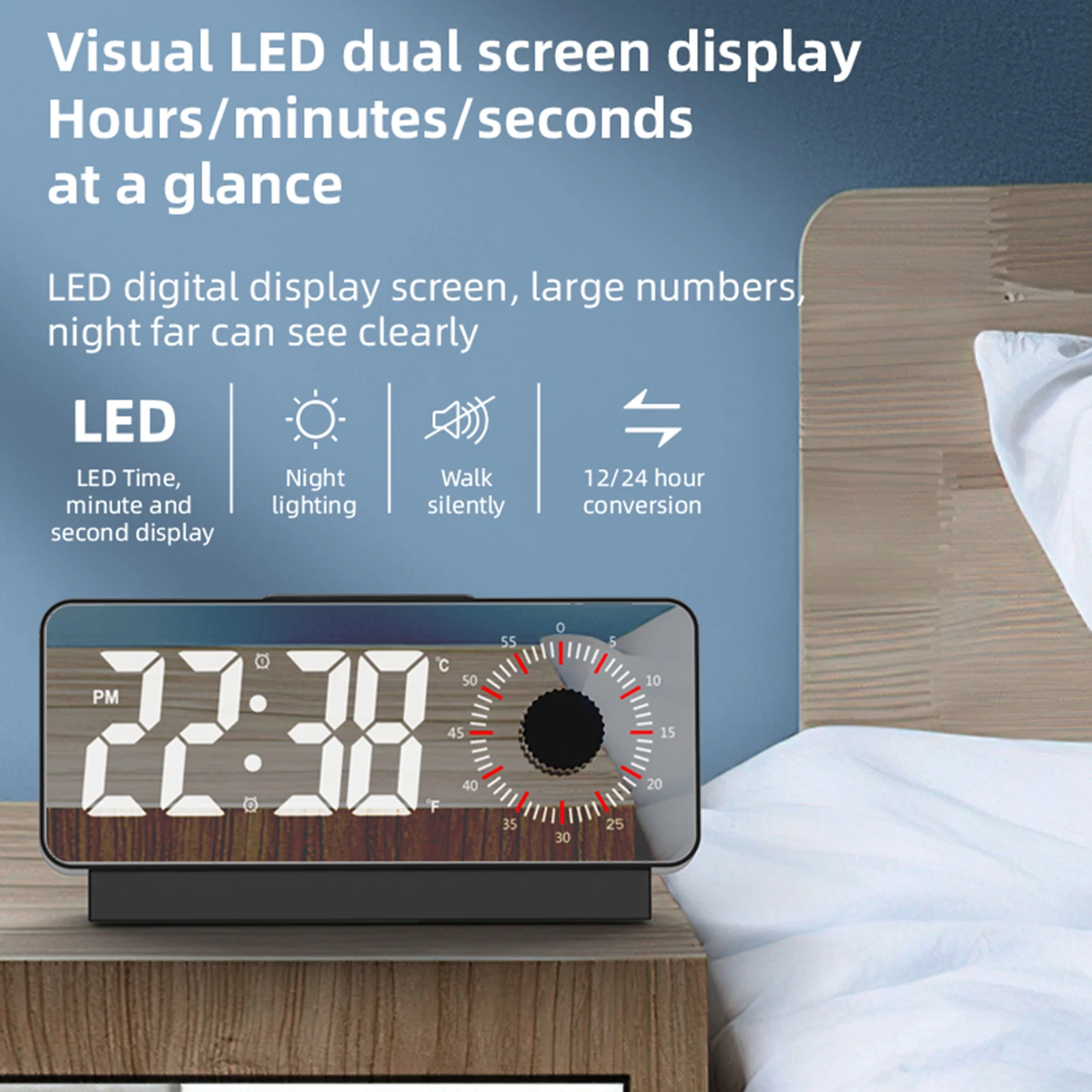 

LED Digital Alarm Clock Visual Timer with Snooze Temperature Date Knob Countdown, Rechargeable LED Alarm Clock