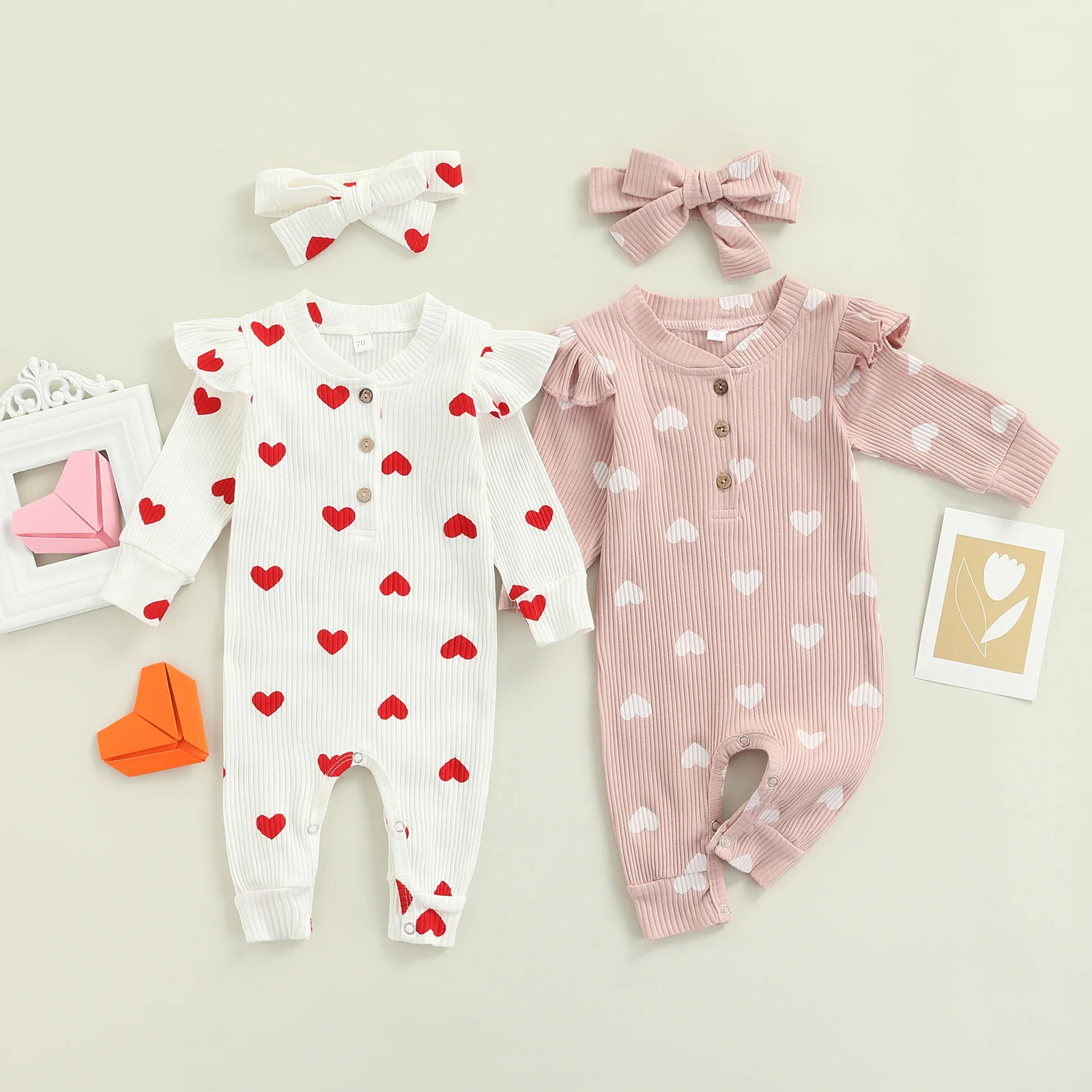

Pudcoco 0-18M 2Pcs Newborn Infant Baby Girl Cute Romper Long Sleeve Off Shoulder O-Neck Heart Printed Jumpsuit 2 Styles+Headwear