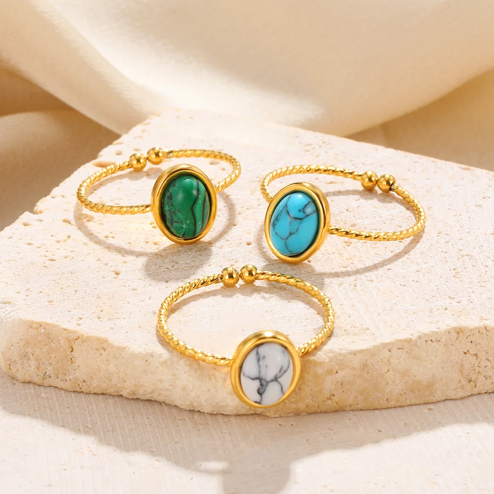 

Oval Opal Rings For Women Ring Stainless Steel Twists Couple Rings Vintage Turquoise Gold Color Anillos Wedding Jewelry Gifts