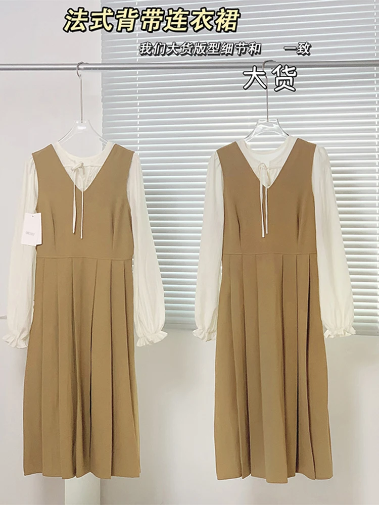 

Women Loose Casual Trendy Autumn 2 Pieces Outfit O-neck Puff Long Sleeve Drawstring Loose Blouses + V-neck Design Pleated Dress