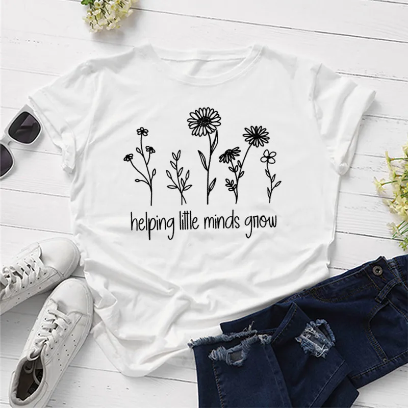 

Helping Little Minds Grow Shirt Teacher Life Shirts Cute Flowers Tshirt Funny Graphic Cotton O Neck Casual Short Sleeve Top Tees