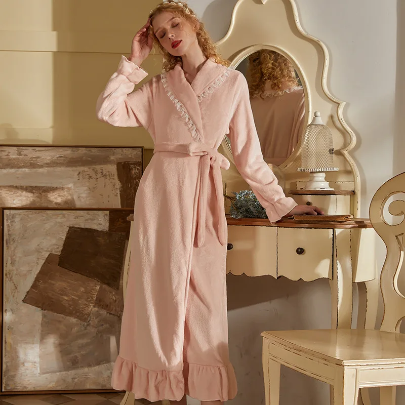 Roseheart New Winter Luxury Pink Blue Pajama Sexy Women Robe Sleepwear Flannel Nightwear Plus Size Keep Warm Bathrobe Sashes