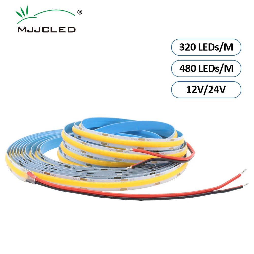 

COB LED Strip 12V 24V DC 5M 8MM High Density Flexible FCOB 320/480LEDs/m Warm Nature Cool White Linear Dimmable Lights Tape