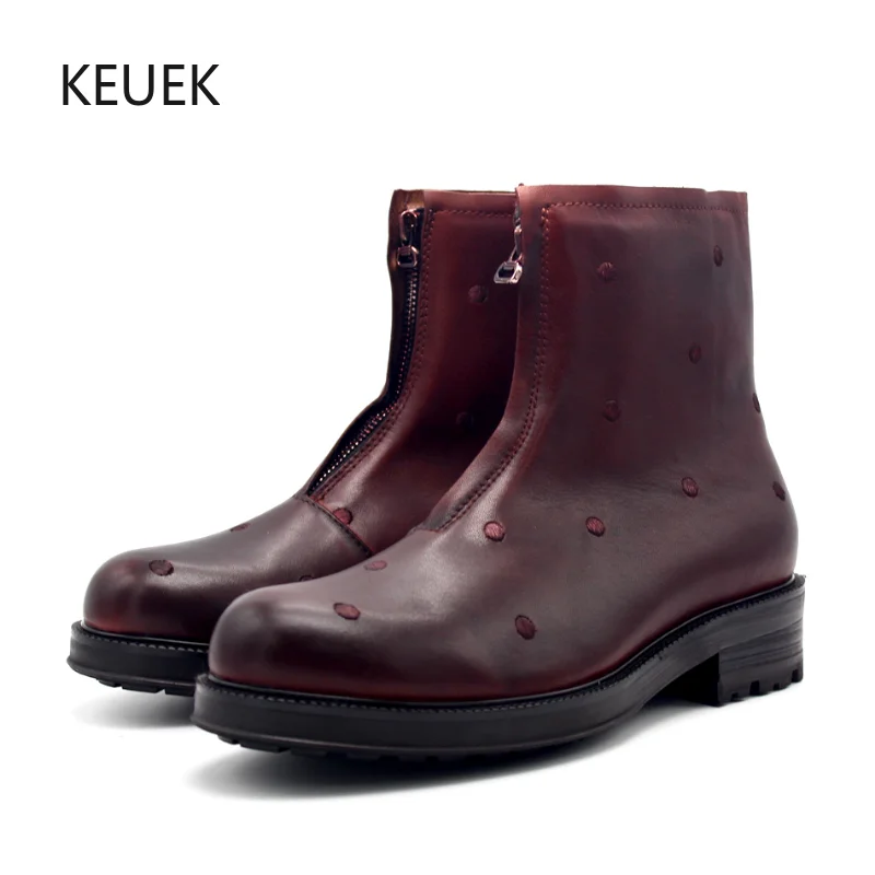 

Мужские ботинки челси на молнии, красные Винтажные ботинки из натуральной кожи на толстой подошве в западном стиле, мотоциклетные ботинки д...