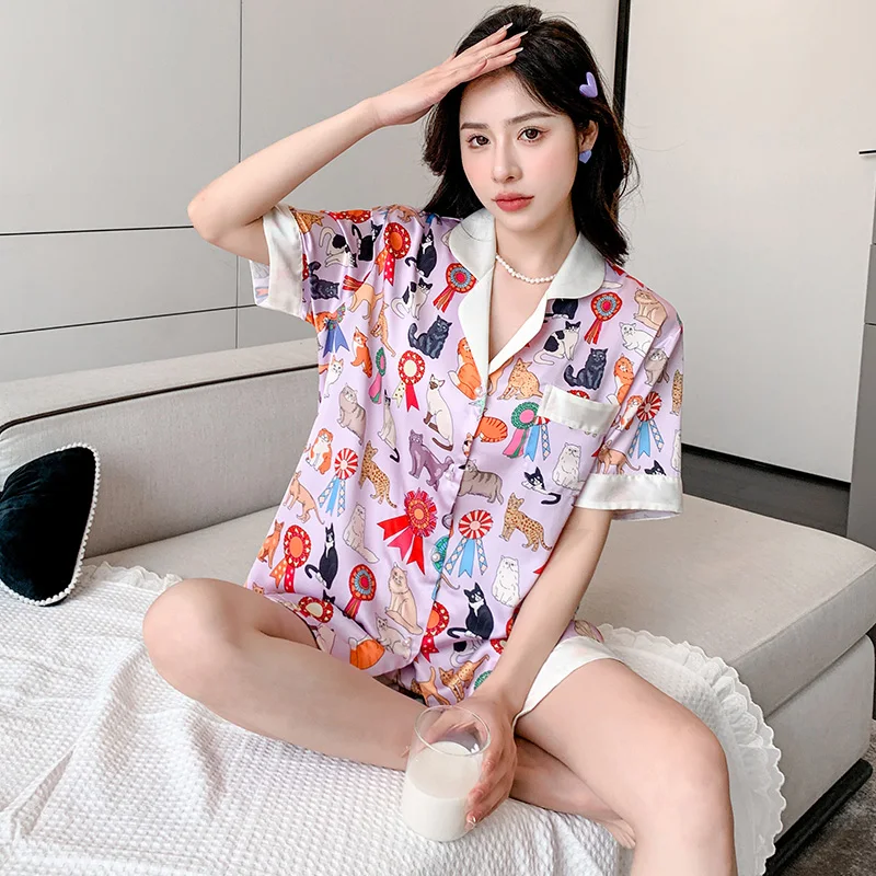 Ice Silk Pajamas Female Summer Satin Short Sleeve Shorts New Thin Home Clothes Set Outside Wear Living Clothes Free Shipping