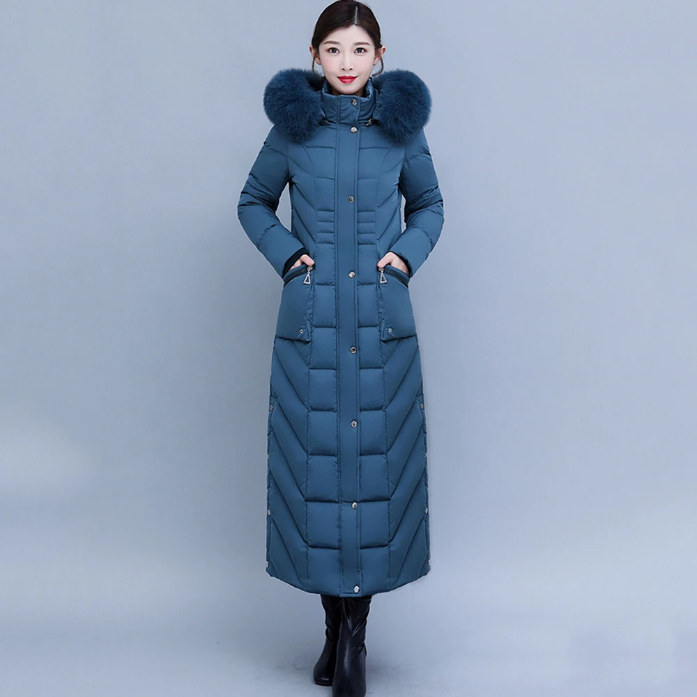 New Mother Down Coat Women Winter Fashion Detachable Hooded Real Fox Fur Collar Thicken Warm Slim Lengthened Down Jacket Female