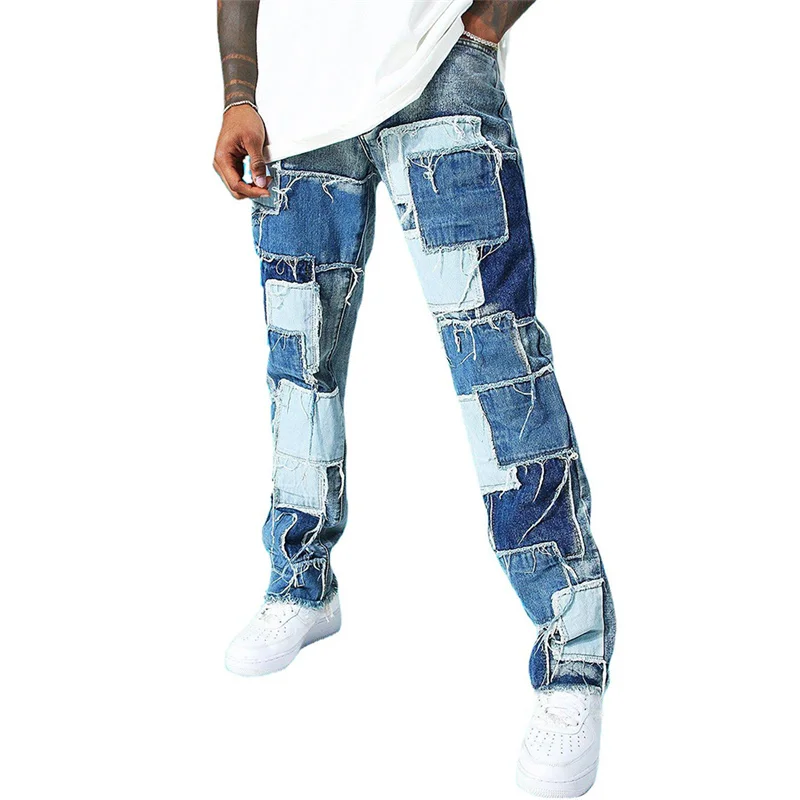Fashion Trendy Color Contrast Patchwork Jeans Men's Street Style Youth Daily Casual Straight Wide Leg Denim Pants Loose Trousers