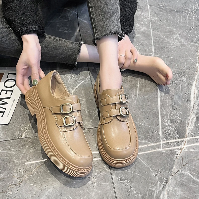 

Туфли женские кожаные с квадратным носком, лоферы на платформе, без застежки, двойная Пряжка, повседневная обувь, весна 2023