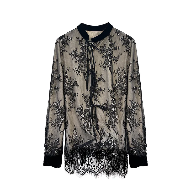 2022 Spring Fashion Style Blouses High Quality Women Velvet Hollow Out Mesh Patchwork Long Sleeve Sexy Black Lace Tops Blouse