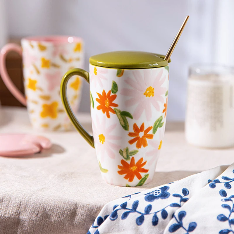 

Fashion Ceramic Mug Creative Beautiful Cute Dessert Sublimation Mug with Lid Afternoon Tea Nordic Jogo De Xicaras Tableware