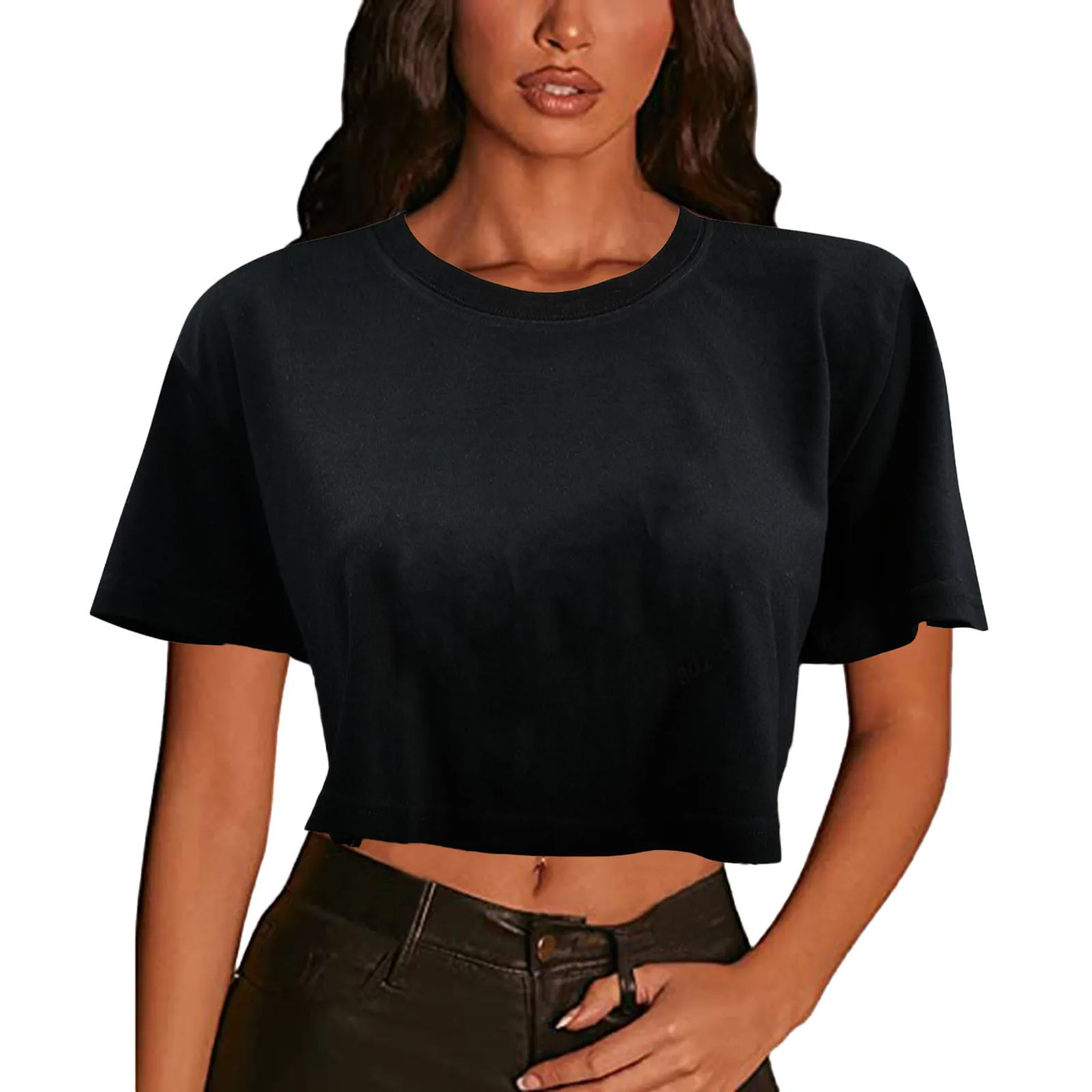 

Футболка женская летняя для воркаута, свободная короткая рубашка с круглым вырезом, однотонный плотный Топ с рукавами, укороченный пупок