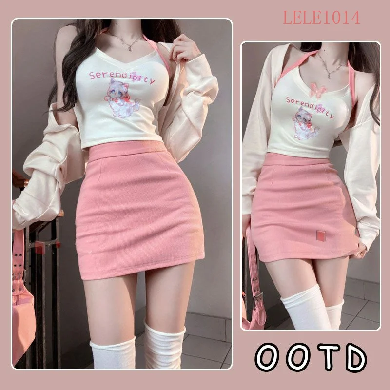 

New Korean Version Cute Pink 3-piece Kitten Collar Vest Cardigan High Waisted SkirtWomens Cotton Fashion Hanging Neck Dress Set