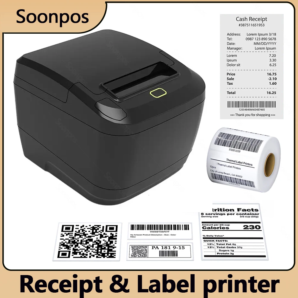 Термальный принтер Soonpos для чеков 2-в-1, USB, Bluetooth, Wi-Fi
